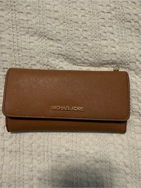 Michael Kors Brown Saffiano Leather Continental Wallet with Gold Logo